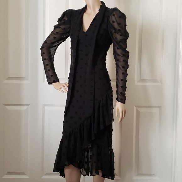 Topshop Textured Spot Midi Chiffon Dress Size 0 Black - Picture 9 of 11